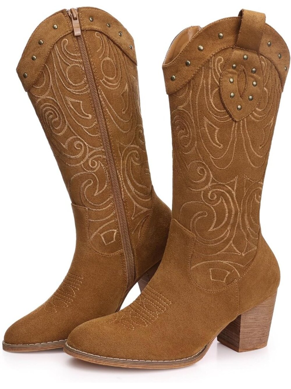 Women's Western Pointed Toe Chunky Heel Suede Embroidered Mid Calf Boot Brown - Picture 6 of 6